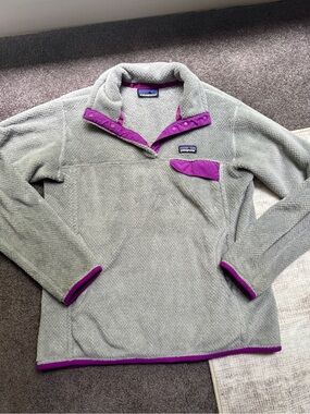Patagonia Gray Purple Fleece Pullover Sweater Snap Button S